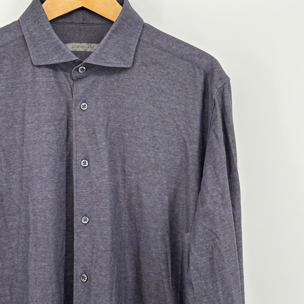 Corneliani Men Gray Blue Heathered Cotton Jersey Button Up Shirt 17.5 44 Romania